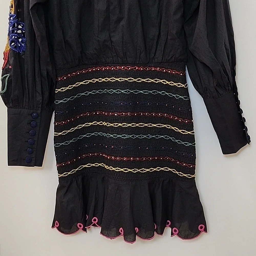 FarmRio Embroidered Puffsleeve  Black Dress Colorful Parrot Design Romantic Sz M - Picture 13 of 16